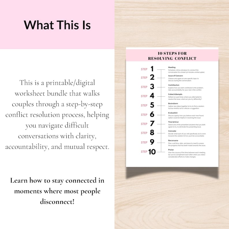 K&ouml;nnte beinhalten: Ein druckbares Arbeitsblatt-Bundle in Rosa und Wei&szlig;, das "10 Schritte zur Konfliktl&ouml;sung" beschreibt. Der Text enth&auml;lt "Was das ist" und f&uuml;hrt Paare durch die Konfliktl&ouml;sung. Es soll helfen, schwierige Gespr&auml;che zu bew&auml;ltigen.