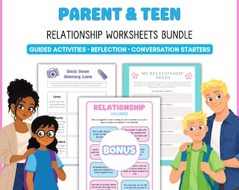 Puede incluir: Un paquete digital de hojas de trabajo para la relación entre padres y adolescentes con actividades guiadas, reflexiones y temas de conversación. Los documentos incluyen páginas tituladas Back Down Memory Lane, My Relationship Needs y Relationship Challenges con un círculo de Bonus.