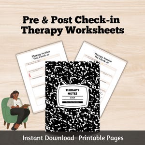 May include: Printable therapy worksheets for pre and post therapy sessions. The worksheets are designed to look like a black and white composition notebook with the words "Therapy Notes 2025" in a white box.