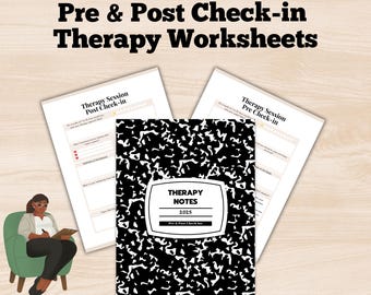 Könnte beinhalten: Druckbare Therapie-Arbeitsblätter für Therapie-Sitzungen vor und nach der Therapie. Die Arbeitsblätter sind so gestaltet, dass sie wie ein schwarz-weißes Notizbuch aussehen, mit den Worten "Therapie Notizen 2025" in einem weißen Kasten.