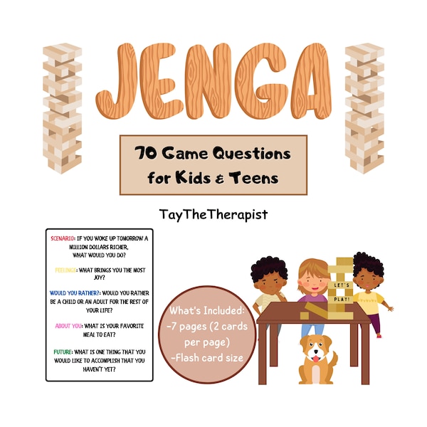 70 Jenga Questions & Conversation Starter Cards for Adolescents |Jenga Kids Icebreaker Game| Question Cards| Get To Know You Therapy Cards