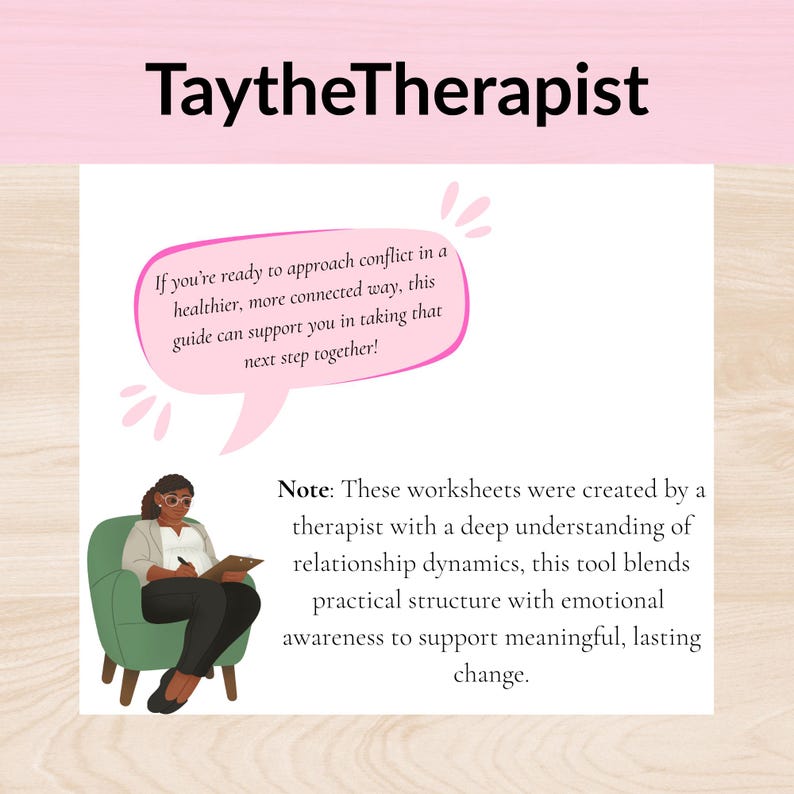 K&ouml;nnte beinhalten: Illustration mit dem Text "TaytheTherapist". Ein Cartoon-Therapeut sitzt in einem gr&uuml;nen Stuhl und h&auml;lt einen Klemmbrett. Eine rosa Sprechblase sagt: "Wenn Sie bereit sind, Konflikte anzugehen..." Das Bild enth&auml;lt Text &uuml;ber Arbeitsbl&auml;tter.