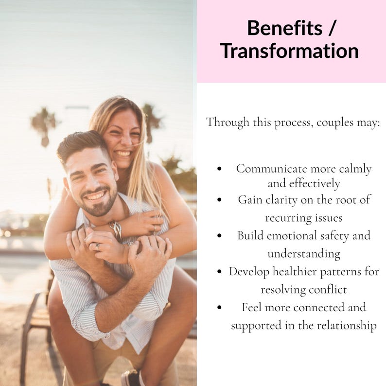 K&ouml;nnte beinhalten: Ein l&auml;chelndes Paar umarmt sich im Freien, wobei die Frau den Mann Huckepack tr&auml;gt. Das Bild wird von Text mit der Aufschrift "Benefits / Transformation" und Aufz&auml;hlungspunkten zu Kommunikation und Konfliktl&ouml;sung begleitet.