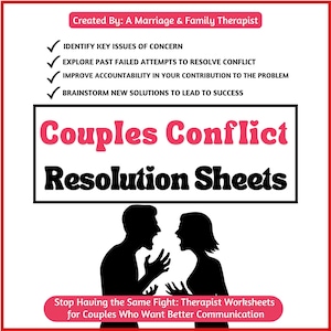 K&ouml;nnte beinhalten: Eine wei&szlig;e Grafik mit dem Text "Couples Conflict Resolution Sheets" in einer schwarzen Box mit rotem Rand. Das Bild enth&auml;lt Silhouetten eines streitenden Paares und Aufz&auml;hlungspunkte, die Schritte zur Konfliktl&ouml;sung auflisten.
