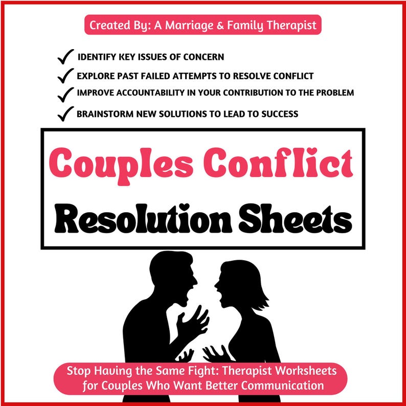 K&ouml;nnte beinhalten: Eine wei&szlig;e Grafik mit dem Text "Couples Conflict Resolution Sheets" in einer schwarzen Box mit rotem Rand. Das Bild enth&auml;lt Silhouetten eines streitenden Paares und Aufz&auml;hlungspunkte, die Schritte zur Konfliktl&ouml;sung auflisten.