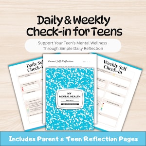 May include: A set of printable daily and weekly check-in pages for teens. The pages include prompts for self-reflection and support mental wellness. The cover of the notebook has the text "My Mental Health Matters!"