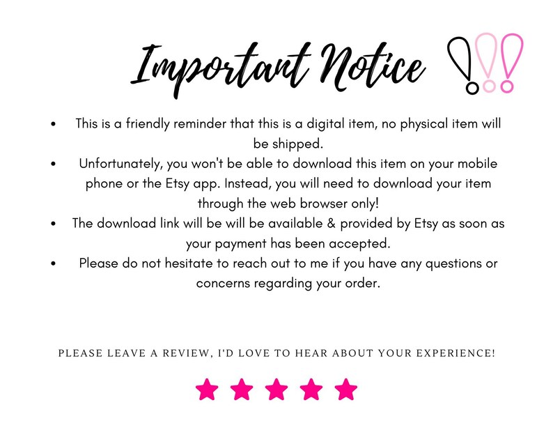 K&ouml;nnte beinhalten: Wei&szlig;er Hintergrund mit schwarzem Text, der &bdquo;Important Notice!!!&ldquo; lautet, sowie Aufz&auml;hlungszeichen mit Informationen zu digitalen Artikeln. Pinke Ausrufezeichen und Sterne sind ebenfalls vorhanden.