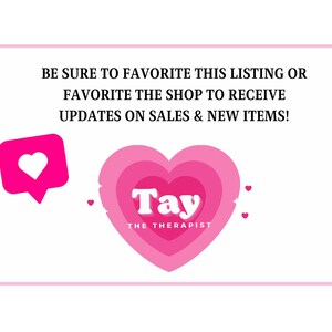 K&ouml;nnte beinhalten: Rosa-wei&szlig;e Grafik mit dem Text "BE SURE TO FAVORITE THIS LISTING OR FAVORITE THE SHOP TO RECEIVE UPDATES ON SALES & NEW ITEMS!". Enth&auml;lt ein rosa Herz mit dem Namen "Tay THE THERAPIST".
