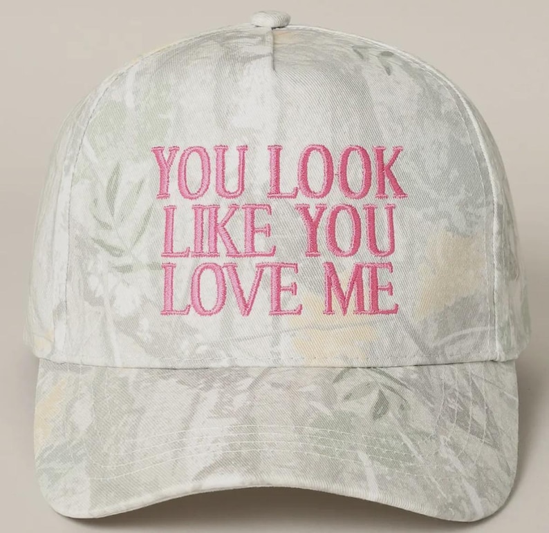 You Look Like You Love Me Embroidered Trucker Hat White Camo-Pink