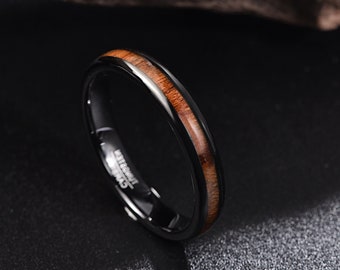 Simple 4mm Tungsten Carbide Ring with Wooden Inlaid - Wedding Band for Women - Mens Engagement Ring - Anti Scratch- Hypoallergic Custom Gift