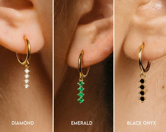 Gemstone Line Dangle Huggie Hoop Earrings - Sterling Silver Hoop Earrings - Second Hole Hoop Earrings - Gold Hoops - Minimalist Earrings