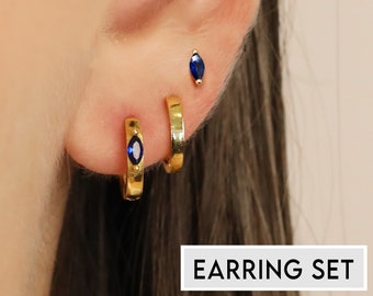 18K Gold Sapphire Marquise Earring Set - Earring Stack - Sterling Silver Earring Set - Everyday Earrings - Gift Set - Gift For Her