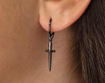 Gunmetal Black Dagger Hoop Earrings - Sword Earrings - No Hinge Design - Knife Earrings - Edgy Earrings - Minimalist Earrings