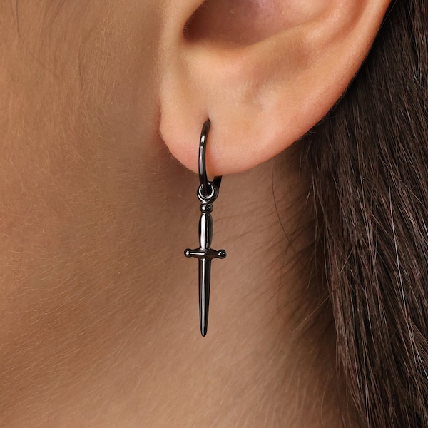 Gunmetal Black Dagger Hoop Earrings - Sword Earrings - No Hinge Design - Knife Earrings - Edgy Earrings - Minimalist Earrings