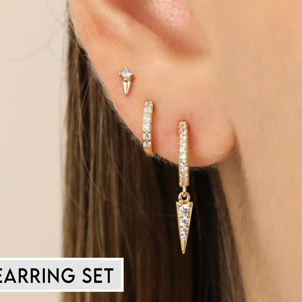 18K Gold Paved Spike Earring Set - Earring Stack - Sterling Silver Earring Set - Everyday Earrings - Gift Set - Gift For Her - Gift Ready