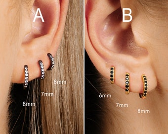 Boucles d'oreilles créoles Huggie noires - Ensemble de boucles d'oreilles créoles en argent sterling Cz - Créoles cartilage - Boucles d'oreilles deuxième trou - Créoles conque dorées