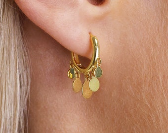 Coin Charm Huggie Hoop Earrings - Sterling Silver Hoop Earrings - Second Hole Hoop Earrings - Gold Dangle Hoops - Minimalist Earrings