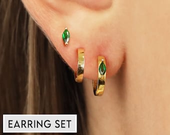 18K Gold Emerald Marquise Earring Set - Earring Stack - Sterling Silver Earring Set - Everyday Earrings - Gift Set - Gift For Her