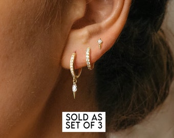 EARRING SET • Diamond Spike Dangle Hoop Earring Set - Sterling Silver Hoop Earrings - Huggie Hoops - Minimalist Earrings - Gift for Her