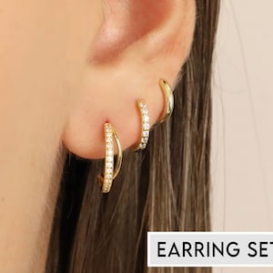 18K Gold Hoop Stud Earring Set - Earring Stack - Sterling Silver Earring Set - Everyday Earrings - Gift Set - Gift For Her - Gift Ready