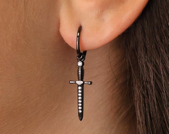 Gunmetal Black Paved Dagger Hoop Earrings - Sword Earrings - No Hinge Design - Knife Earrings - Edgy Earrings - Minimalist Earrings