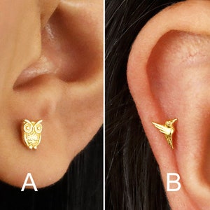 18G Owl Hummingbird Flat Back Labret Stud - Cartilage Earrings - Conch Earring - Cartilage Stud - Flat Back Earring - Tragus Stud