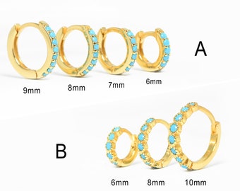 Turquoise Huggie Hoop Earrings - Sterling Silver Cz Hoop Earrings Set - Cartilage Hoop - Second Hole Hoop Earrings - Gold Conch Hoop