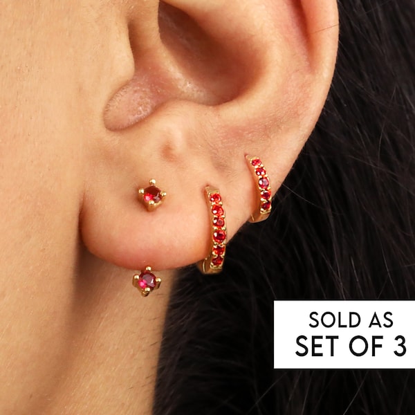 EARRING SET • Ruby Everyday Earring Set - Front Back Earrings - Huggie Hoop Earrings - Birthstone Earrings - Gift Ready For Her