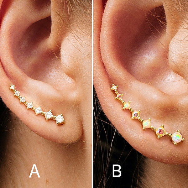 Gold Ear Climbers - Fire Opal Ear Climber - Ear Crawler - Ear Sweep - Sterling Silver Earrings - Minimalist Earrings - Gifts for Her