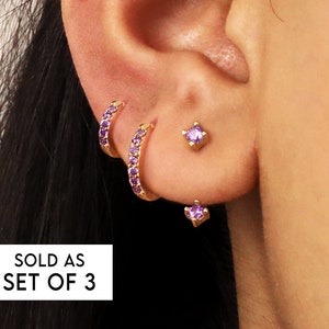 EARRING SET • Amethyst Everyday Earring Set - Front Back Earrings - Huggie Hoop Earrings - Birthstone Earrings - Gift Ready For Her