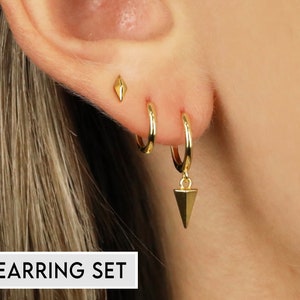 Ensemble de boucles d'oreilles pendantes avec pointes en or 18 carats - Pile de boucles d'oreilles - Ensemble de boucles d'oreilles en argent sterling - Boucles d'oreilles de tous les jours - Ensemble cadeau - Cadeau pour elle - Prêt à offrir