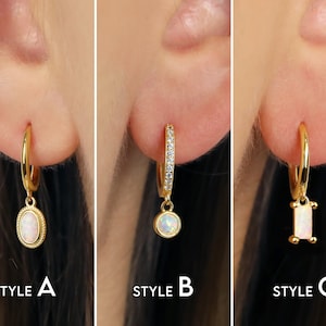 White Fire Opal Dangle Hoop Earrings - Sterling Silver Opal Hoops - Gold Huggie Hoop Earrings - Opal Ring Hoops - Minimalist Earrings