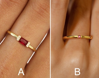 Ruby Birthstone Ring - Baguette Ring - Family Birthstone Ring - Gemstone Ring - Stacking Ring - Dainty Birthstone Ring - Gift For Her