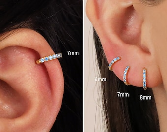 Aquamarine Huggie Hoop Earrings - Sterling Silver Cz Hoop Earrings Set - Cartilage Hoop - Second Hole Hoop Earrings - Birthstone Earrings