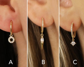 Diamond Dangle Hoop Earrings - Sterling Silver Hoop Earrings - Second Hole Hoop Earrings - Birthstone Earrings - Minimalist Earrings