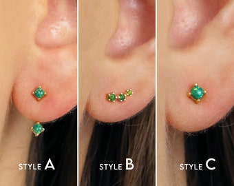 Green Fire Opal Stud Earrings - Ear Jacket - Ear Climbers - Green Opal Earrings - Tiny Stud Earrings - Minimalist Earrings - Gift For Her