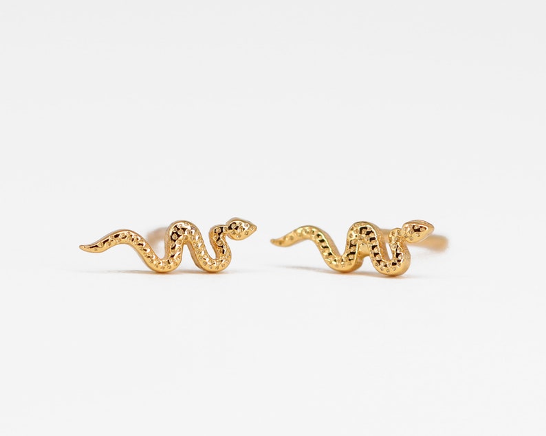 Tiny Gold Serpent Stud Earrings Small Stud Earrings Snake Studs Minimalist Stud Earrings Christmas Earrings Gifts for Her image 2