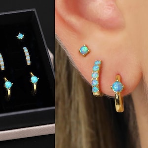 18K Gold Blue Fire Opal Everyday Earring Set - Earring Stack - Sterling Silver Earring Set - Opal Hoops - Gold Hoop Earrings - Gift Ready