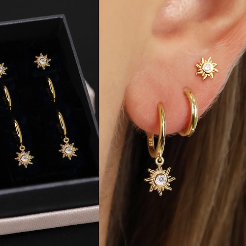 18K Gold Star Dangle Earring Set Earring Stack Sterling - Etsy