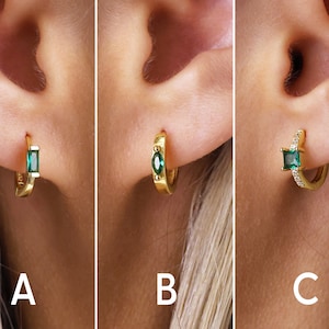 Emerald Stone Huggie Hoop Earrings - Sterling Silver Hoop Earrings - Second Hole Hoop Earrings - Gold Emerald Hoops - Minimalist Earrings