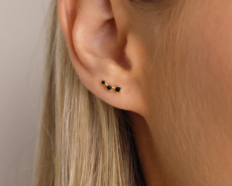 Black Onyx Stud Earrings Ear Jacket Earrings Ear Climber Studs Black Earrings Small Stud Earrings CZ Studs Gift for Her image 4