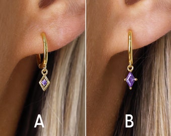 Amethyst Diamond Dangle Hoop Earrings - Gold Hoop Earrings - Birthstone Earrings - February Birthstone - Dainty Earrings - Gift For Her