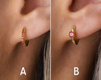 Garnet Huggie Hoop Earrings - Dainty Hoop Earrings - Gold Hoop Earrings - Birthstone Charm Hoops - January Birthstone - Gift For Her