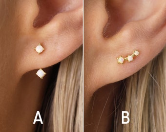 Weißer Opal Ohrstecker - Ear Jacket Ohrringe - Ohr Kletterer - Kleine CZ Ohrstecker - Kleine Ohrstecker - Zierliche Ohrringe - Geschenk für Sie