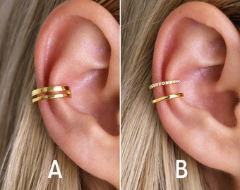 Manchette d’oreille double bande - Manchette d’oreille sans perçage - Manchette d’oreille conque - Faux piercings - Manchette d’oreille non percée - Manchette d’oreille en cartilage - Manchette d’oreille en or