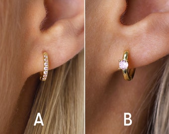 Pink Tourmaline Huggie Hoop Earrings - Dainty Hoop Earrings - Gold Hoop Earrings - Birthstone Earrings - October Birthstone - Gift For Her
