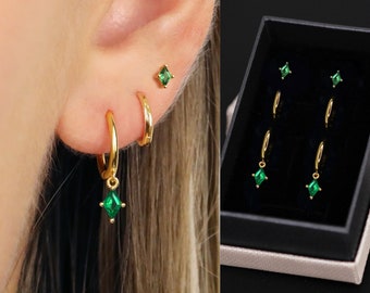 18K Gold Emerald Diamond Everyday Earring Set - Earring Stack - Sterling Silver Earring Set - Earring Set - May Birthstone - Gift Ready