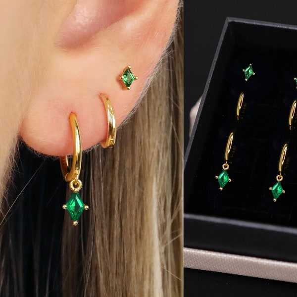 18K Gold Emerald Diamond Everyday Earring Set - Earring Stack - Sterling Silver Earring Set - Earring Set - May Birthstone - Gift Ready