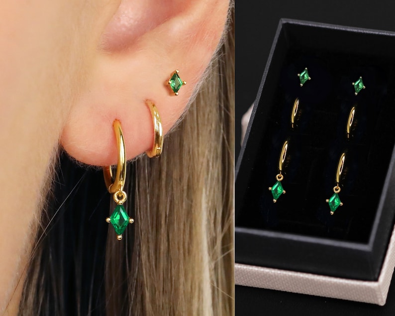 18K Gold Emerald Diamond Everyday Earring Set Earring Stack Sterling Silver Earring Set Earring Set May Birthstone Gift Ready image 1