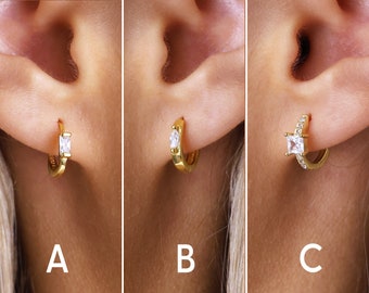 Diamond Stone Huggie Hoop Earrings - Sterling Silver Hoop Earrings - Second Hole Hoop Earrings - Gold Hoops - Minimalist Earrings